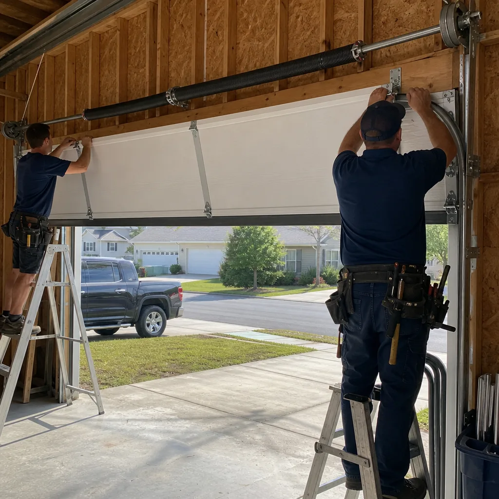 Two professional technicians performing a residential garage door installation