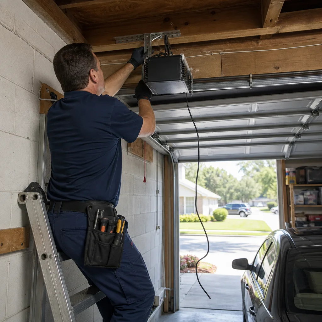 Technician performing professional garage door opener repair and installation