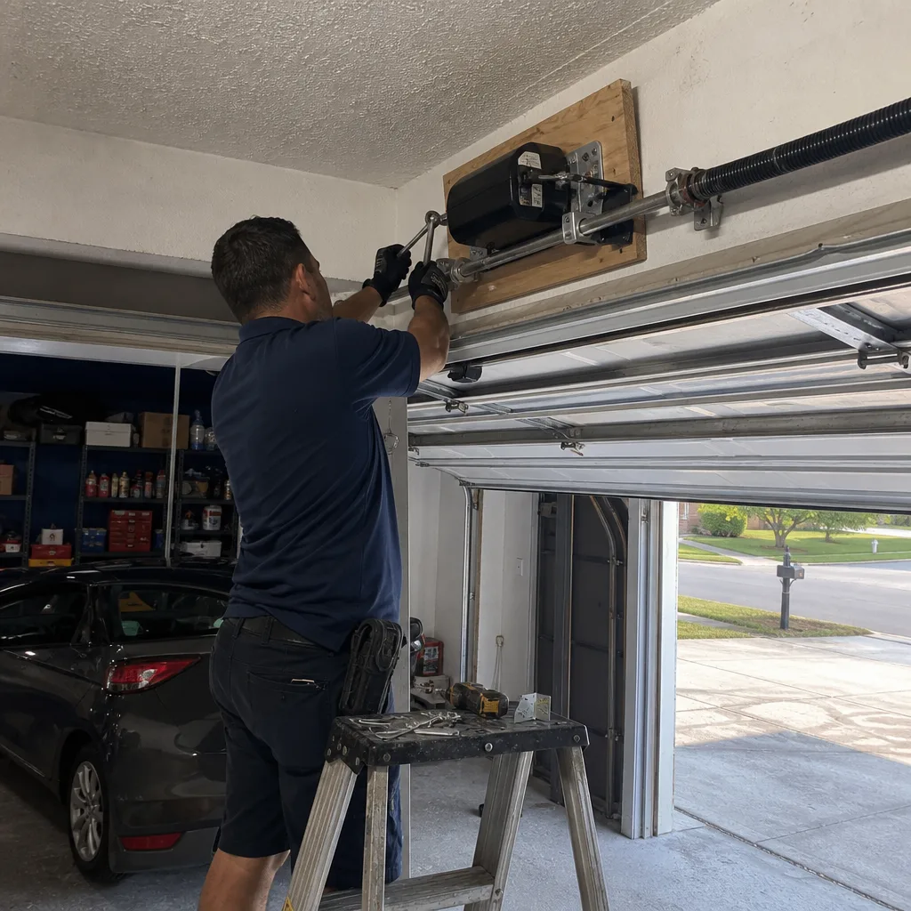 Professional technician performing garage door opener installation and repair