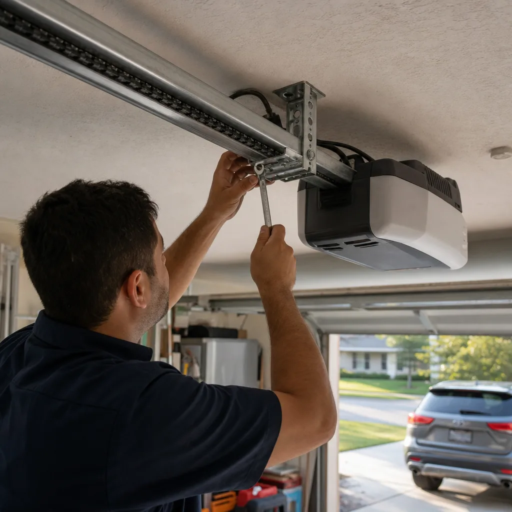 Technician performing professional garage door opener repair and installation