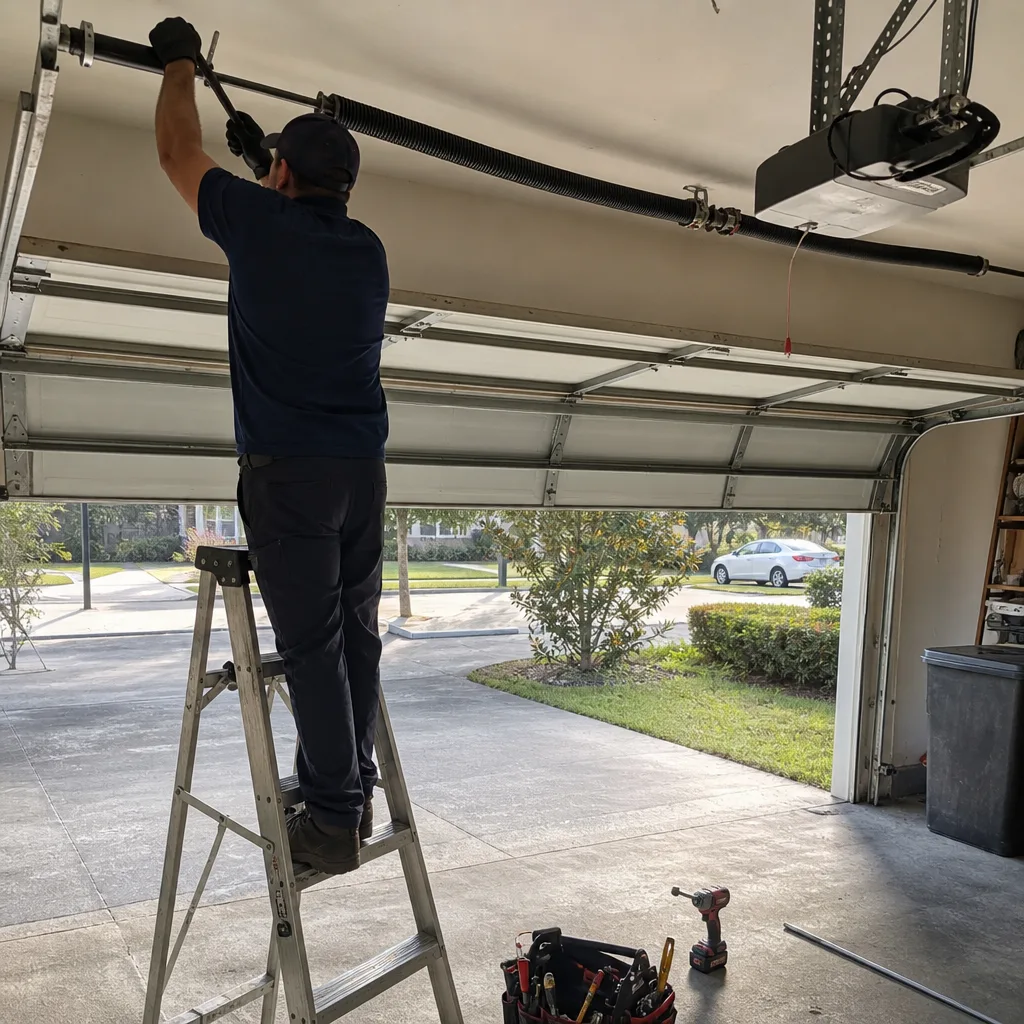 Technician performing professional garage door torsion spring repair