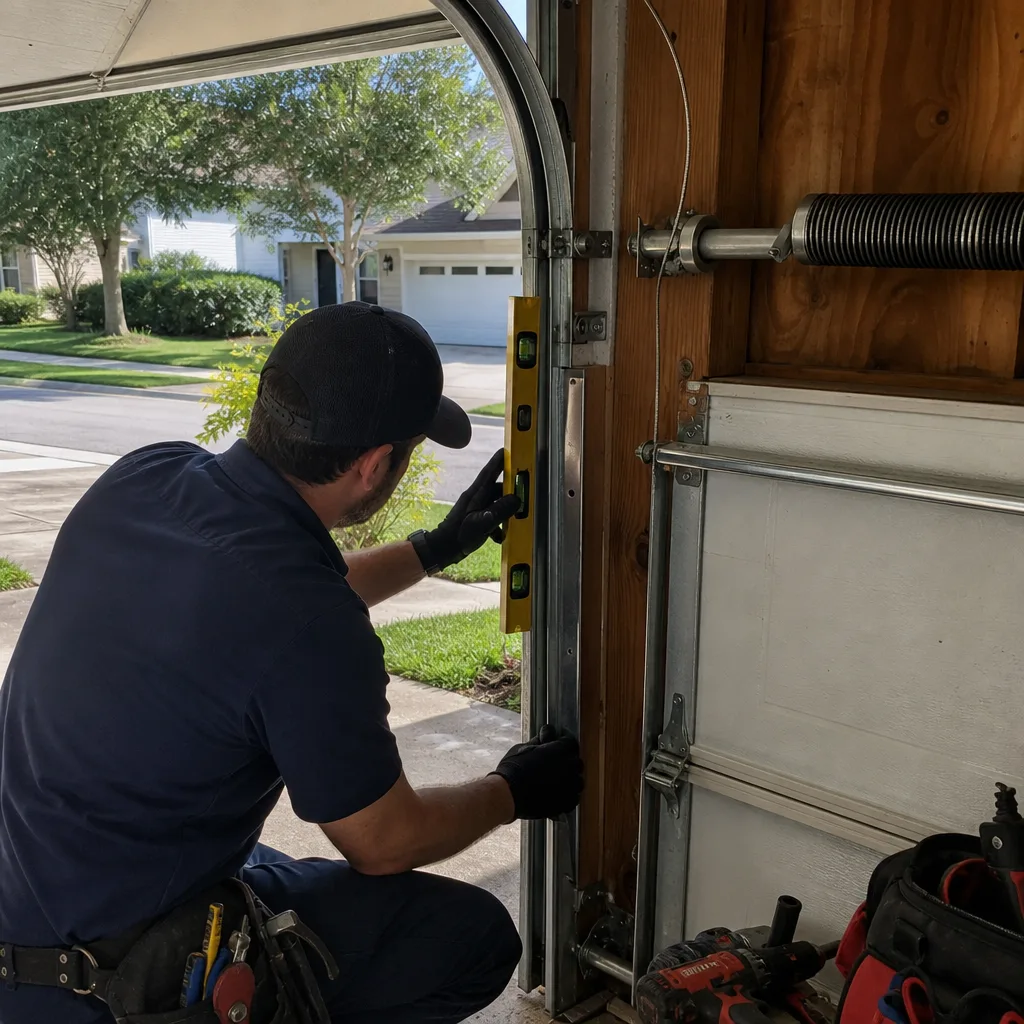 Technician checking garage door track alignment with a professional level