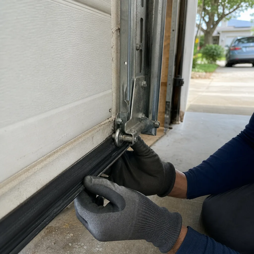 Technician performing emergency garage door bottom roller repair nationwide