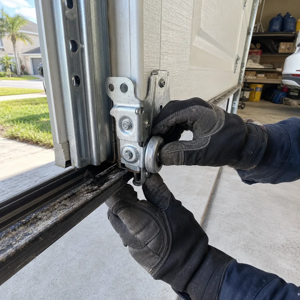Technician performing emergency garage door roller repair and track adjustment nationwide