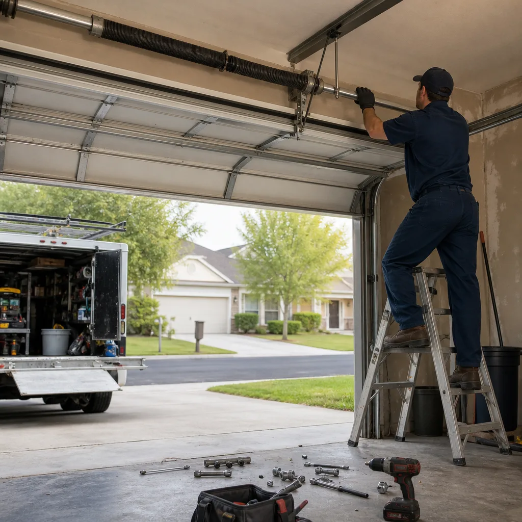 Technician performing emergency garage door spring repair nationwide