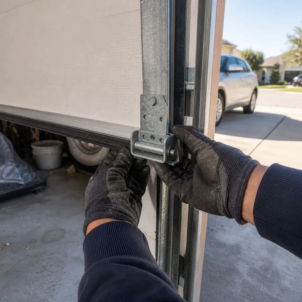 Technician performing maintenance on garage door hinge and hardware components nationwide