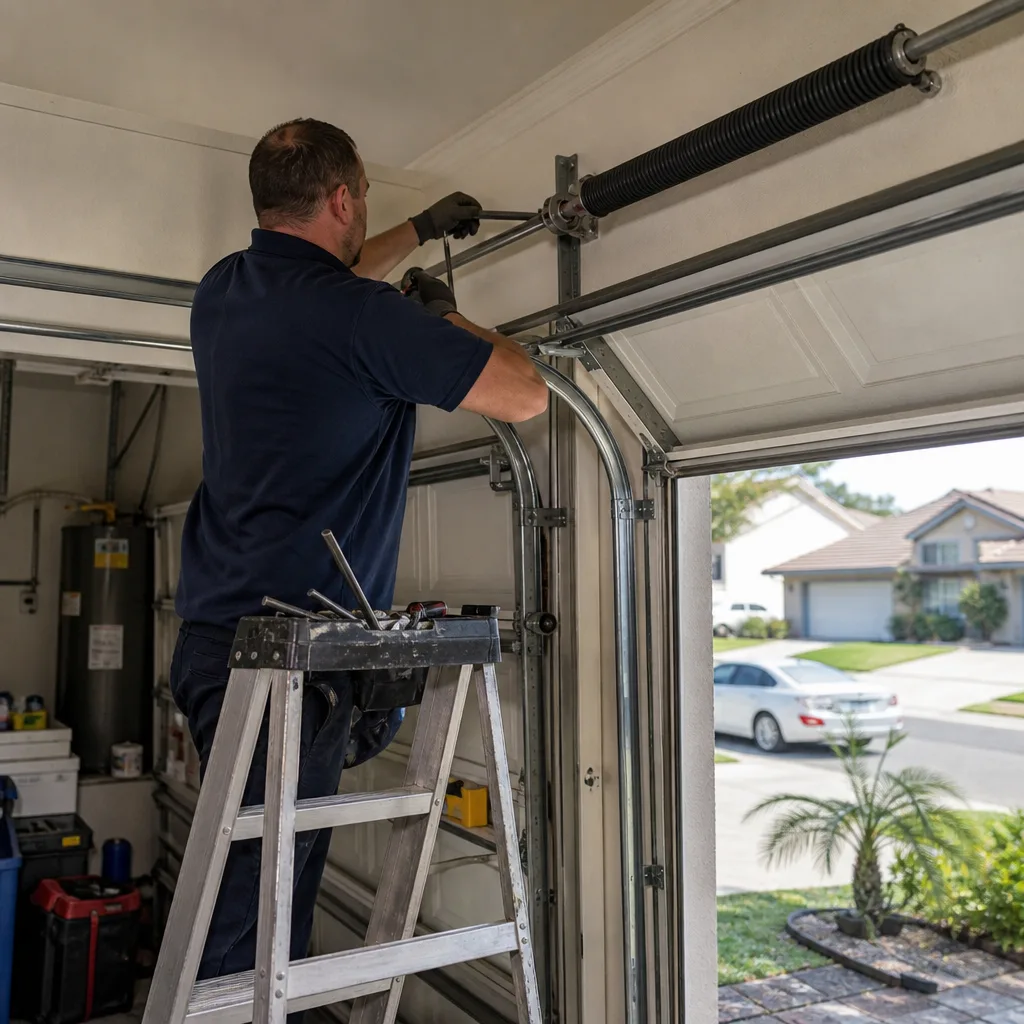 Technician performing professional garage door spring repair and maintenance nationwide
